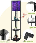 Three In One Floor Lamp With Shelves And USB Ports Power Outlet, Linen Fabric Shade, standing with abstract purple design, 63 inch tall