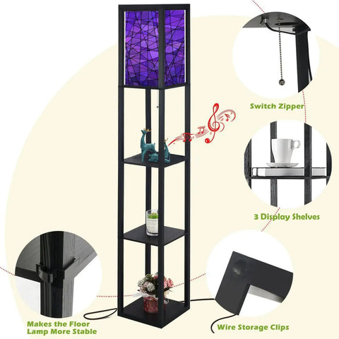Three In One Floor Lamp With Shelves And USB Ports Power Outlet, Linen Fabric Shade, standing with abstract purple design, 63 inch tall