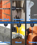 DCWecher 10-pc masonry drill bit set with carbide tips; shown drilling brick, concrete, plastic, foam brick, wood, pottery.