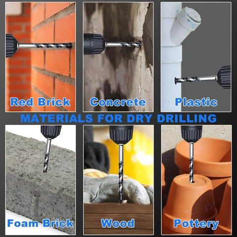 DCWecher 10-pc masonry drill bit set with carbide tips; shown drilling brick, concrete, plastic, foam brick, wood, pottery.