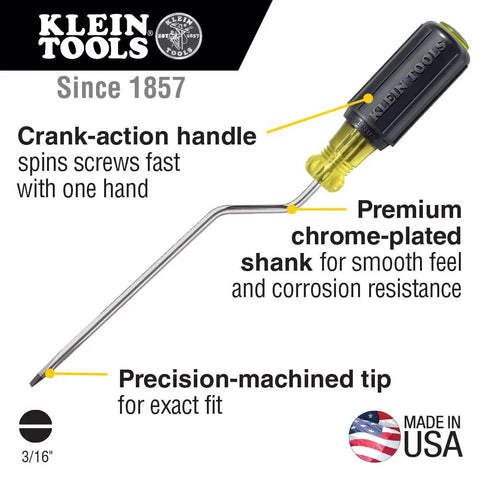 Rapi-Driv 3/16 Inch Cabinet Tip Screwdriver, 6 Inch Shank, Chrome Plated Blade, crank-action handle, Made In USA, product features.