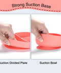Silicone Baby Feeding Set 13Pc Kit With Suction Bowl Plate Spoons Forks Bib Cup Toothbrush LED Weaning Supplies For 6 Months Plus Pink Must Have Kid Friendly Mess Free showing strong suction bowl and plate.