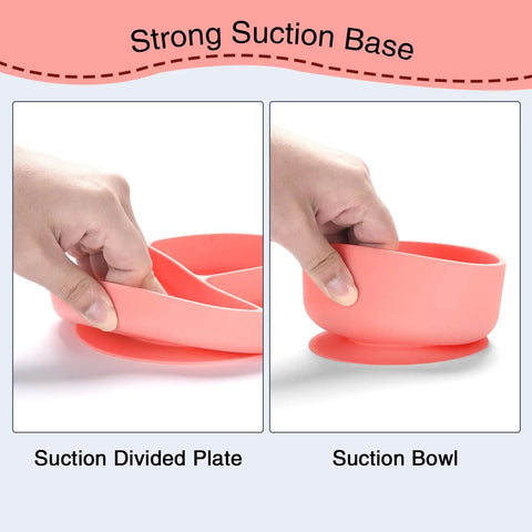 Silicone Baby Feeding Set 13Pc Kit With Suction Bowl Plate Spoons Forks Bib Cup Toothbrush LED Weaning Supplies For 6 Months Plus Pink Must Have Kid Friendly Mess Free showing strong suction bowl and plate.