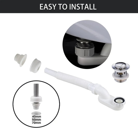 Flexible Bathtub Drain Pipe With Super Sleek Low Profile Flat 1 1/2 Inch P Trap Engineered For Zero Leak Hookups In Freestanding Tub Setups Complete With No Sweat Setup installation components with slip-joint connectors.