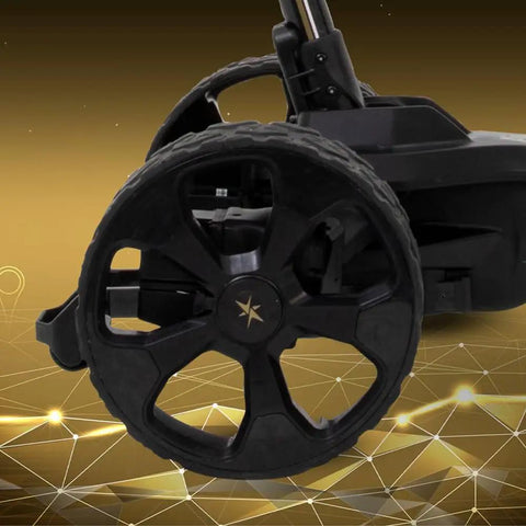Slick Remote Controlled Electric Golf Push Cart Bundle With Top Shelf Touchscreen Gps Navigation And Preloaded Courses For Thirty Six Holes With Built In Drink Holder And Compact Umbrella Mount Plus Badass Travel Carry Bag wheel detail with durable rubber tire and modern design