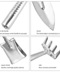 Close-up of Three Piece Mini Garden Tools Set Stainless Steel Triangle Shovel Square Transplant Spade and Hand Rake with details.