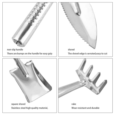 Close-up of Three Piece Mini Garden Tools Set Stainless Steel Triangle Shovel Square Transplant Spade and Hand Rake with details.