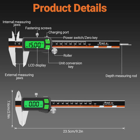 Type-C Rechargeable Digital Caliper With Stainless Steel Vernier, LCD, USB, capacitive touchscreen, dimensions visible, black.