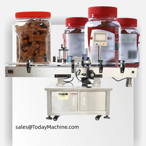 No Sweat Heavy Duty Fully Automatic Box Labeler For Fast Track Flat Side Bottom Cartons with jars of treats in view.