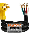 Heavy Duty Nema 14-50 Range Power Cord Stove Dryer Plug And Play 6 Awg 4 Wire Pigtail with yellow connector and four color-coded wires.