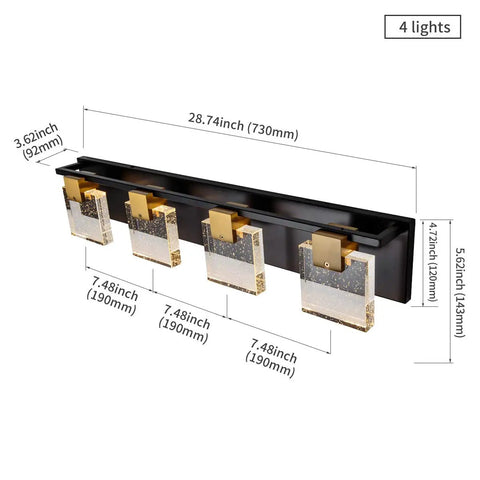 Black And Bronze Vanity Light Fixture With Square Bubble Crystal Panel LED Wall Sconce 4 Lights Rad Warm White 3000K