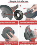 Installation steps for Four Pack Inner Disk Flange Nut Kit For Angle Grinders Replacement Parts, showing protective cover and flange setup.