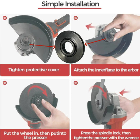 Installation steps for Four Pack Inner Disk Flange Nut Kit For Angle Grinders Replacement Parts, showing protective cover and flange setup.
