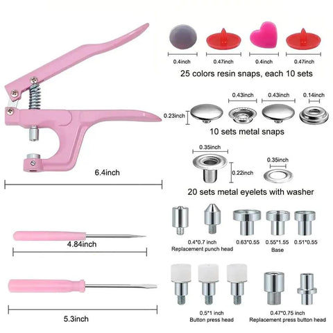Premium Pink Snap Button Kit With Heavy Duty Aluminum Pliers And Full Die Set Including Resin Metal Snaps Plus Eyelet Grommets
