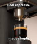 Close-up of Baristina Espresso Machine With Automatic Grinder Grind Tamp And Brew In One Swipe 16 Bar Pump in use