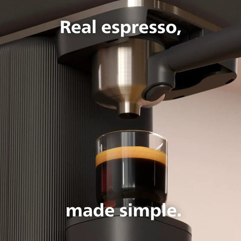 Close-up of Baristina Espresso Machine With Automatic Grinder Grind Tamp And Brew In One Swipe 16 Bar Pump in use