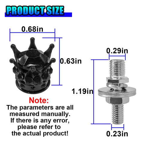 Product size chart of Fresh Swag Heavy Duty Bling License Plate Screw Kit With Rhinestone Diamond Crown Bolts in inches.