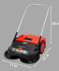Heavy Duty Turbo Hand Sweeper With Dual Disc Brushes And Beltless Drive Works Like A Super Champ Crushing Fine Dust And Grime Across A 75 Centimeters Sweep Path, showcasing dimensions and design.