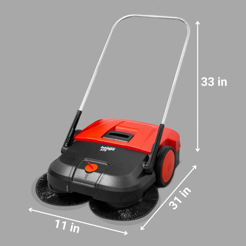 Heavy Duty Turbo Hand Sweeper With Dual Disc Brushes And Beltless Drive Works Like A Super Champ Crushing Fine Dust And Grime Across A 75 Centimeters Sweep Path, showcasing dimensions and design.