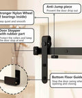 4ft Double Door Sliding Barn Door Hardware Kit For Cabinets Wardrobes And TV Stands With Carbon Steel Construction Black Powder Coated Finish Featuring Rails Supports Rollers And Stoppers Included For Doors Up To 100 Lbs And Nine Sixteenths To Thirteen close-up view