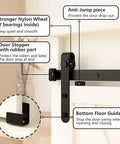 Ultra Compact 2ft Sliding Barn Door Hardware Kit showing nylon wheels, stopper, and floor guide on carbon steel rail for wardrobe and TV stand.