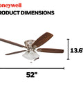 Glen Alden 52 Inch Classic Dope Flush Mount Indoor LED Ceiling Fan With Light Kit dimensions 52 inches wide, 13.6 inches tall