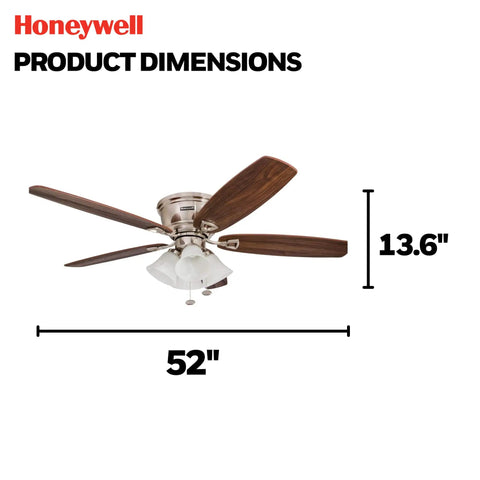 Glen Alden 52 Inch Classic Dope Flush Mount Indoor LED Ceiling Fan With Light Kit dimensions 52 inches wide, 13.6 inches tall