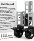 3 Inch PU Caster Wheels For 2x2 Boltless Shelving Racks Four Pack Heavy Duty Mobility Set With 1500 Lb Total Load shown with installation kit and manual