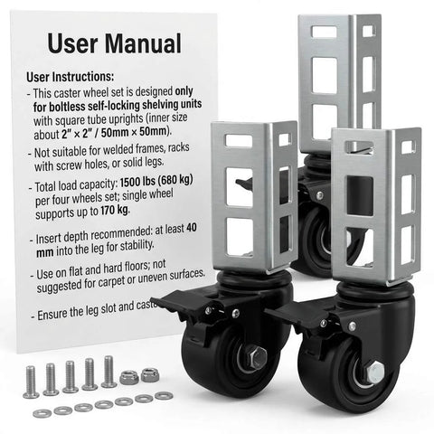 3 Inch PU Caster Wheels For 2x2 Boltless Shelving Racks Four Pack Heavy Duty Mobility Set With 1500 Lb Total Load shown with installation kit and manual