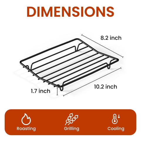 Nonstick V Shaped Roasting Rack For Oven Pan 10 By 8 Inch with labeled dimensions, wire rack grilling and cooling features