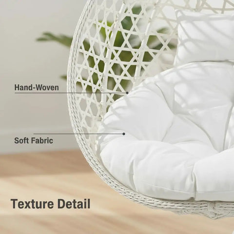 Close-up of Hanging Egg Chair With Stand For Patio And Balcony, Indoor Outdoor Swing Chair With Comfy Cushioned Seat, White Wicker