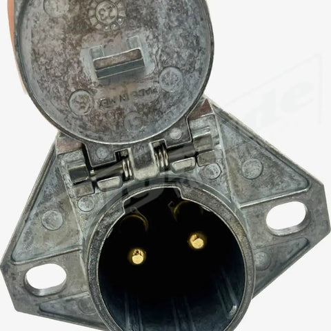 Liftgate Dual Pole Socket 15 326 Built Tough Durable Zinc Die Cast Housing with Brass Pins And Stainless Hinge Pin For Long Life 150 Amp Continuous Capacity 200 Amp Intermittent One Quarter Inch Stud Mount Holes., open socket view