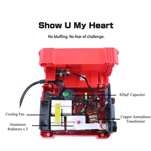 Interior view of Portable 110V 250A Arc Stick Welder Inverter With IGBT, showing components like cooling fan and capacitor.