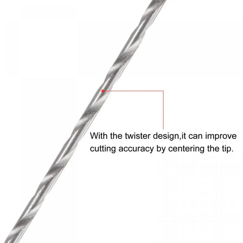 Close-up of Five Pack 0.7mm Mini Micro Twist Drill Bits High Speed Steel Straight Shank with center enhancing twist design.