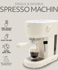 Next Level Eco Series Espresso Machine With Built In Tamper And Silky Milk Frother 15 Bar Coffee Maker With Hot Water Dispenser 40 Oz Tank For Sick Lattes And Cappuccinos In Cream White, single and double espresso machine with glass cup.