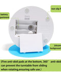 360 Degree Motorized Rotating Display Stand White Electric Spinner Turntable For Tumblers Jewelry Photography Products Adjustable Speed Turner Base Showpiece Prop with AA battery compartment and non-slip base.