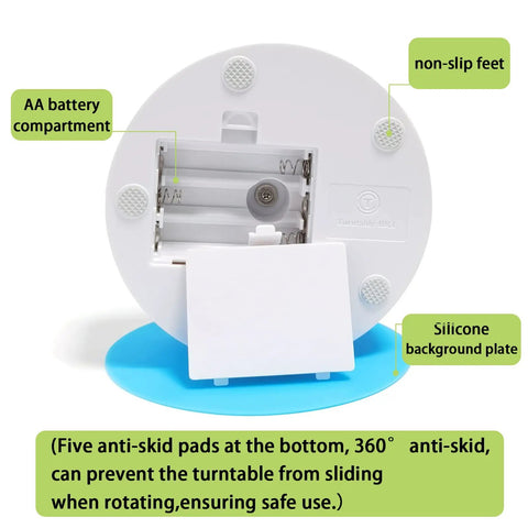 360 Degree Motorized Rotating Display Stand White Electric Spinner Turntable For Tumblers Jewelry Photography Products Adjustable Speed Turner Base Showpiece Prop with AA battery compartment and non-slip base.