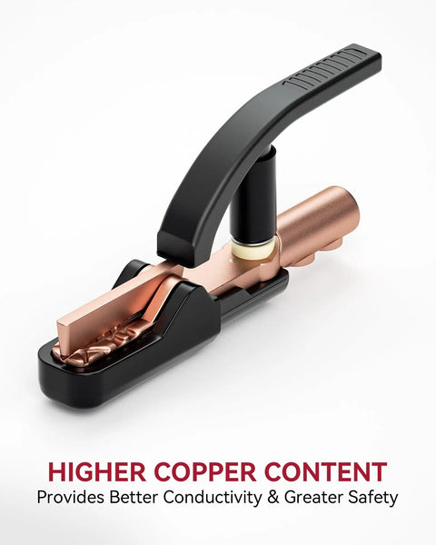 500 Amp Welding Electrode Holder With Strong Bite, High Copper Content, And Durable Insulated Handle shown in close-up view.