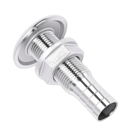 Stainless Steel Marine Thru Hull Fitting Beefy Boat Drain Connector For Bilge Drainage And Cooling System Easy Installation For Yachts And Boats With 316 Stainless Steel And Secure Hose Connection Three Eighths Inch Half Thread Outlet, close-up view