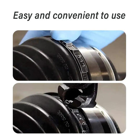 Close-up of stainless steel clamp from 10 Pack CV Boot Clamps Kit With Stainless Steel Banding Tool, securing car axle boot.
