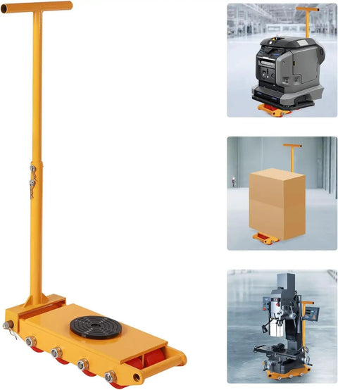 Heavy Duty Machine Skates Roll Like A Dream Carbon Steel Frame With 360 Degree Swivel Polyurethane Wheels, showcasing equipment movement in a warehouse.