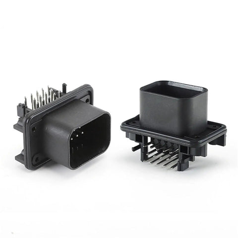 Sick Build Essentials 14 Pin EV ECU Power Connector featuring bomb proof tin plated copper contacts, showing two black plastic housings.