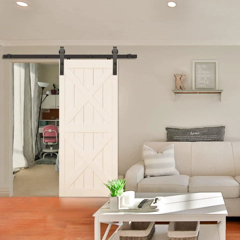 Living room with 6.6 Ft Sliding Barn Door Hardware Kit For 40 Inch Wide Door Panel With I Shape Hangers Black Finish