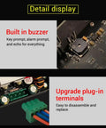 Detail view of Buck Boost DC Adjustable Voltage Regulator Power Supply Module with built-in buzzer and plug-in terminals.