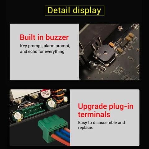 Detail view of Buck Boost DC Adjustable Voltage Regulator Power Supply Module with built-in buzzer and plug-in terminals.