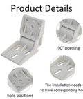 2 Pack Universal Freezer Hinges with 6 Holes, 95 To 110 Degrees Folding Design, ABS, easy install, white, open and hole positions shown