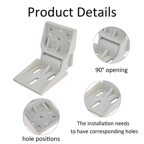 2 Pack Universal Freezer Hinges with 6 Holes, 95 To 110 Degrees Folding Design, ABS, easy install, white, open and hole positions shown