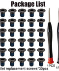 Top Shelf Thirty Piece Replacement Kit For Ridge And Minimalist Metal Wallets With Bonded Threadlocker T5 Torx And Hex Driver To Keep It Secure On The Daily Grind, featuring 30 black replacement screws and two drivers.
