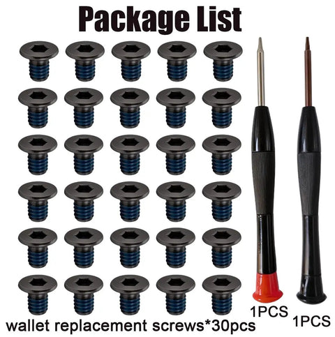 Top Shelf Thirty Piece Replacement Kit For Ridge And Minimalist Metal Wallets With Bonded Threadlocker T5 Torx And Hex Driver To Keep It Secure On The Daily Grind, featuring 30 black replacement screws and two drivers.