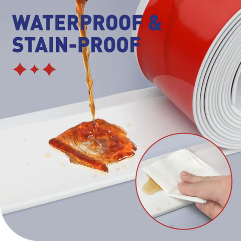 Liquid spills on Flexible Vinyl Baseboard Molding Trim 4 Inch By 20 Feet White Self Adhesive Peel And Stick Wall Base Molding For DIY Home Renovations Easy Cut Smooth Install Durable Finish, highlighting water and stain resistance feature.